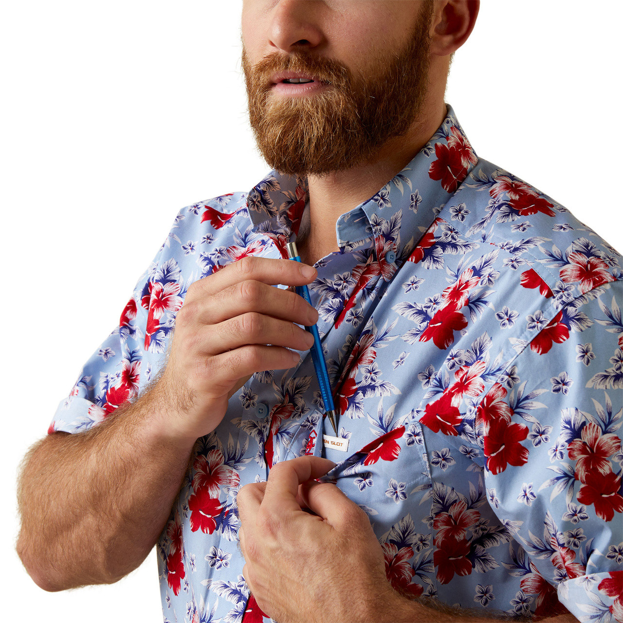 Ariat Men's Jeremiah Classic Short Sleeve Western Shirt - Blue/Red Hibiscus