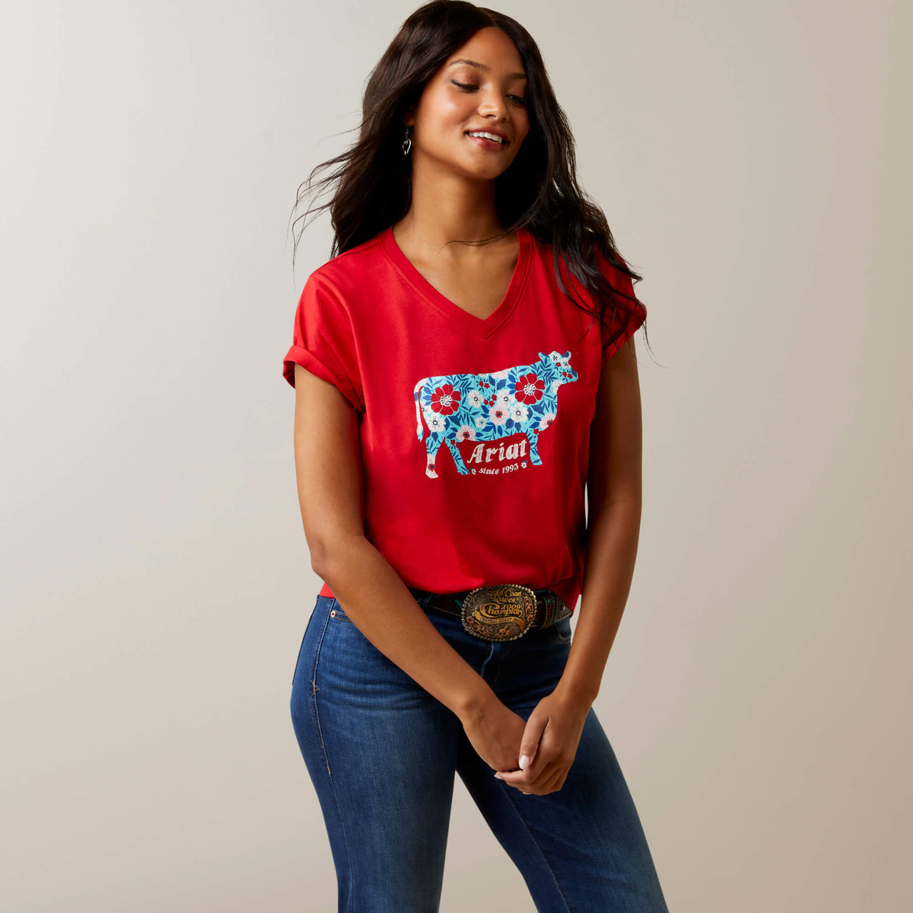 Ariat Women's Flower Cow SS T-Shirt Equestrian Red