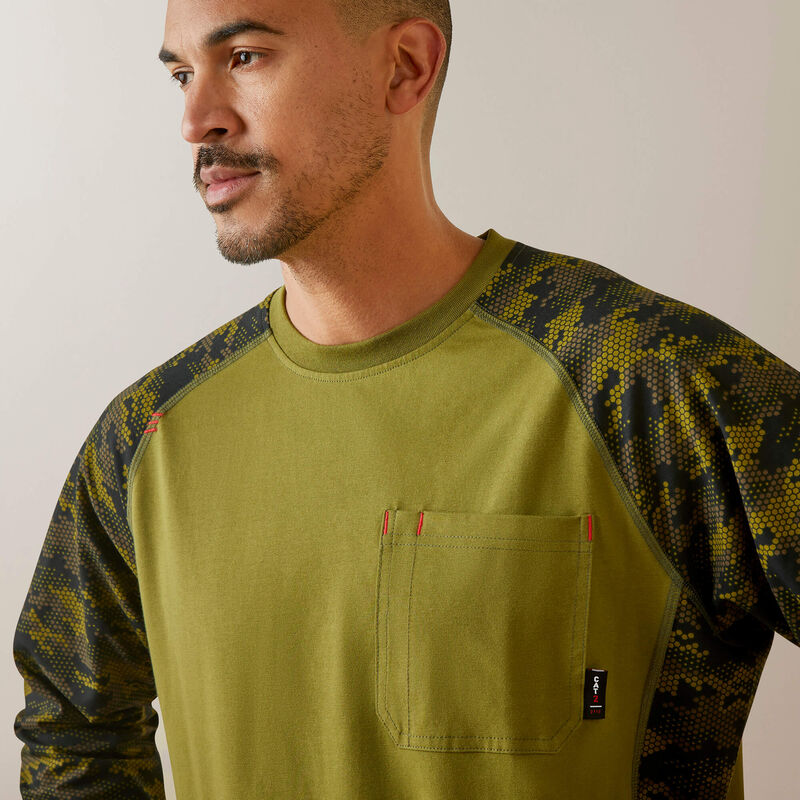 Ariat Men's Fire Resistant Stretch Camo Baseball T-Shirt - Avocado /Camo