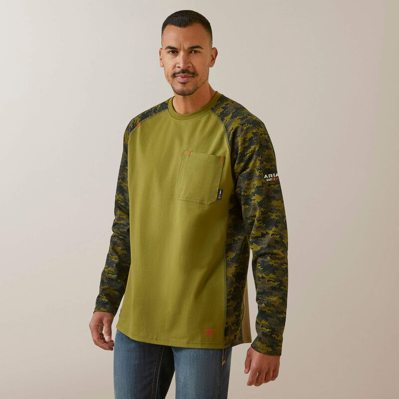 Ariat Men's Fire Resistant Stretch Camo Baseball T-Shirt - Avocado /Camo