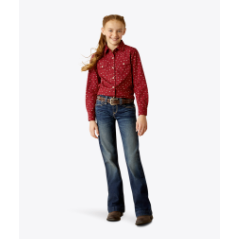 Ariat Girl's Red Ranch Snap Long Sleeve Shirt - Red Cattle Brand Print