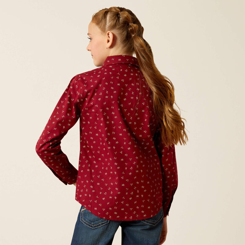 Ariat Girl's Red Ranch Long Sleeve Shirt - Cattle Brand