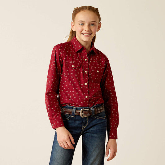 Ariat Girl's Red Ranch Snap Long Sleeve Shirt - Red Cattle Brand Print
