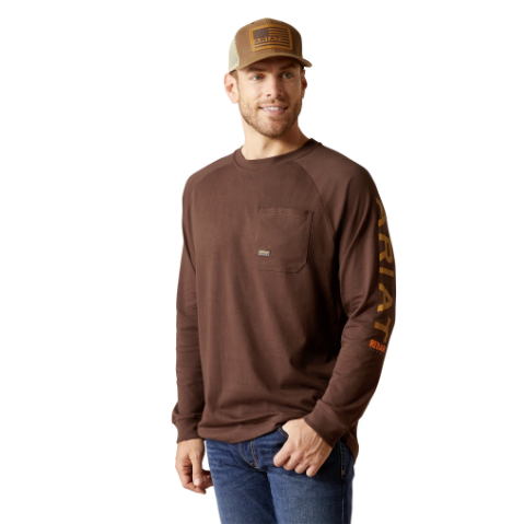 Ariat Men's Long Sleeve Rebar Cotton Strong Graphic Tee Shirt - Coffee Bean/ Golden Brown