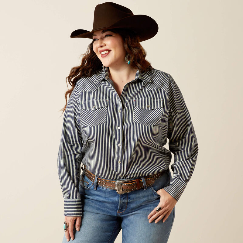 Ariat Women's  Indigo Railroad Stripe Long Sleeve Shirt - Indigo Stripe - Irvine Tack & Western Wear
