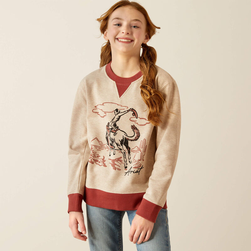 Ariat Girl's Bronc Junior Sweatshirt - Oatmeal Heather/Marsala