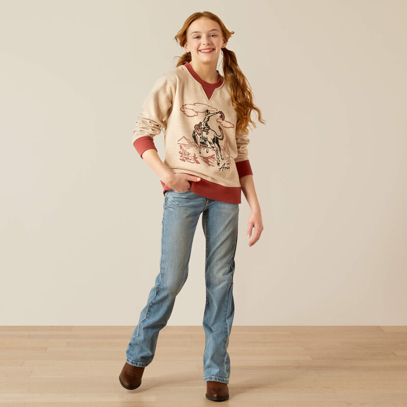 Ariat Girl's Bronc Junior Sweatshirt - Oatmeal Heather/Marsala