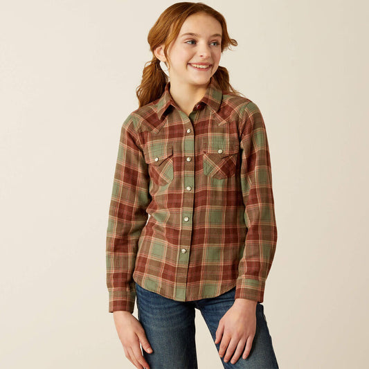 Ariat Girl's Ava Plaid Snap Long Sleeve Shirt- Oakwood
