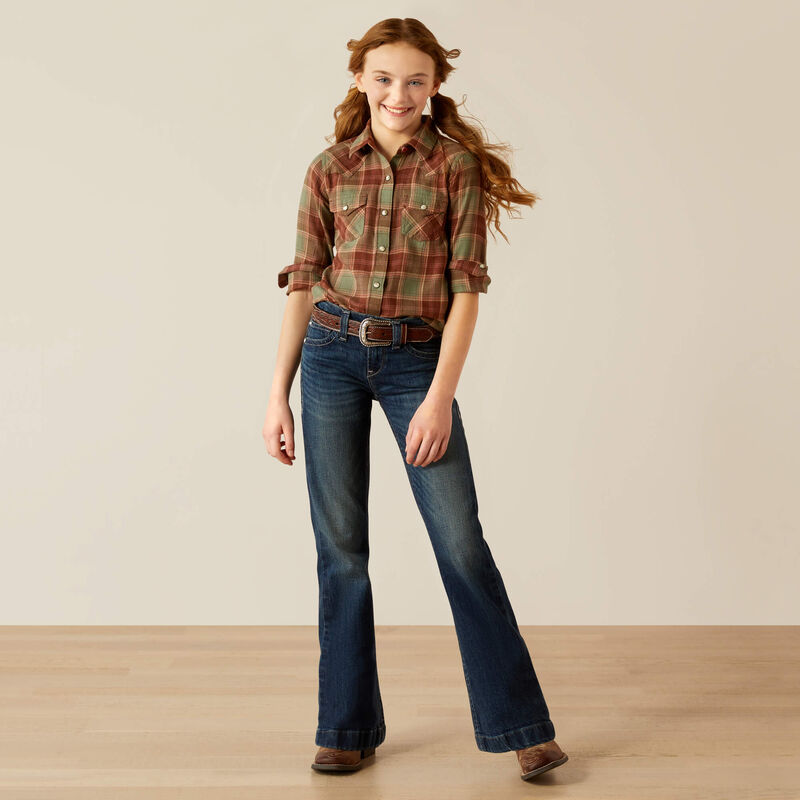 Ariat Girl's Ava Plaid Snap Long Sleeve Shirt- Oakwood