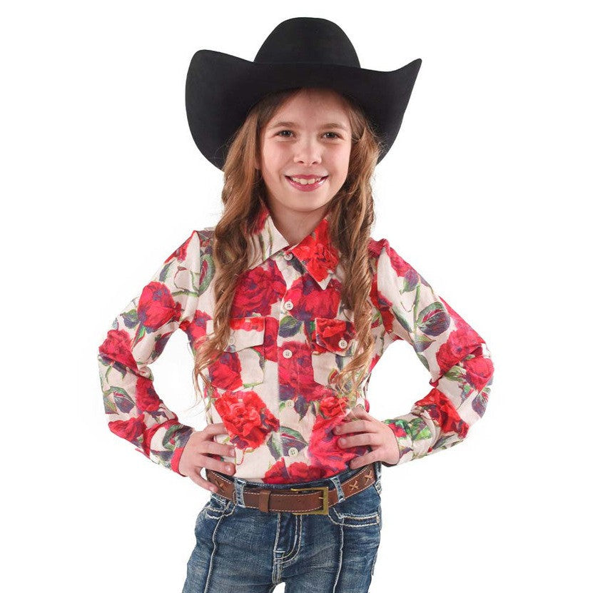 Cowgirl Tuff Girl's Pullover Button Up Shirt - Rose Print