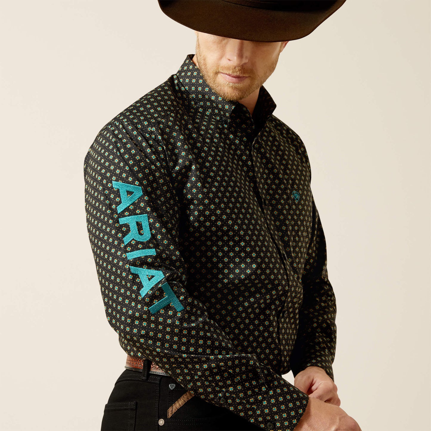 Ariat Men's Team Philbert Classic Fit LS Shirt - Black/Teal