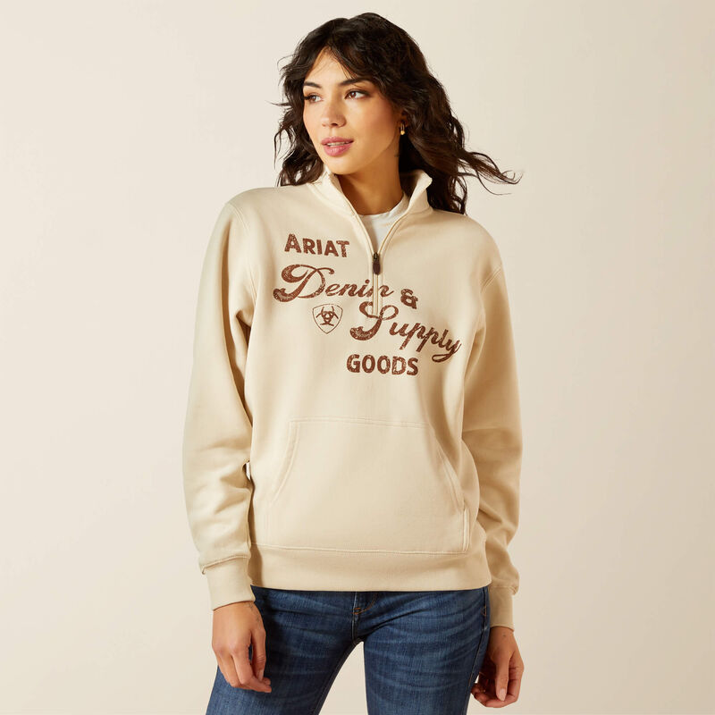 Ariat Women's Long Sleeve Denim & Supply 1/2 zip Sweatshirt- Oyster Grey