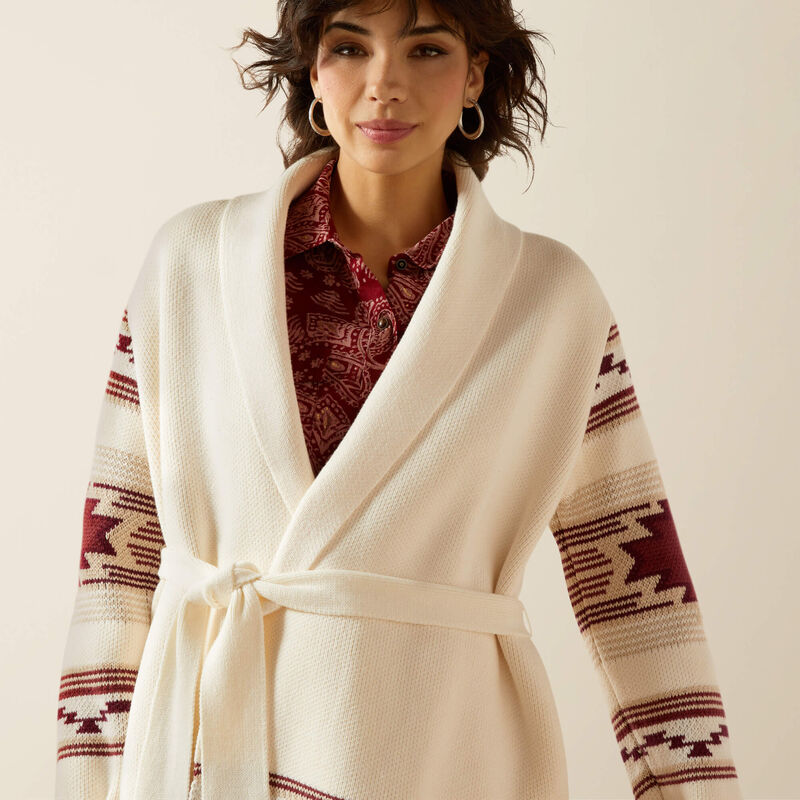 Ariat Women's Long Sleeve Westward Wrap Sweater- Cream Southwest Print