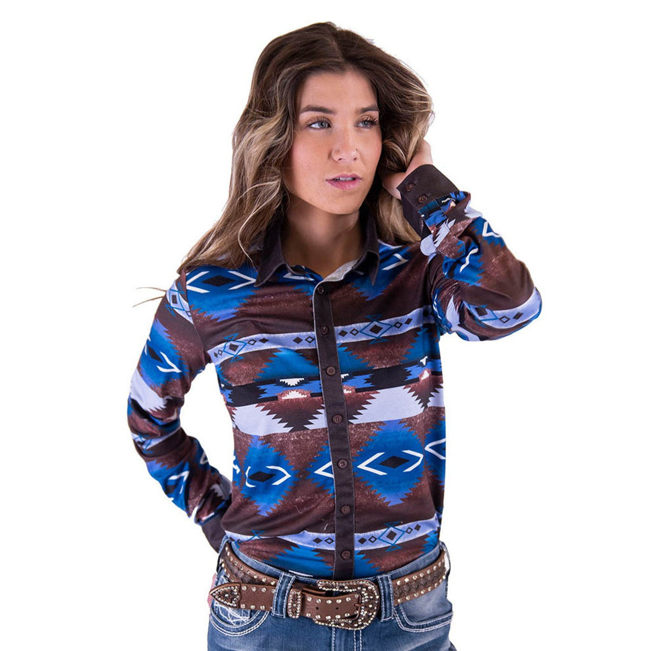 Cowgirl Tuff Women's Pullover Button Up Long Sleeve Top - Brown and Blue Western Print