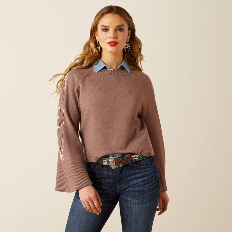 Ariat Women's Long Sleeve Cropped Caravan Sweater- Toasted Coconut Melange