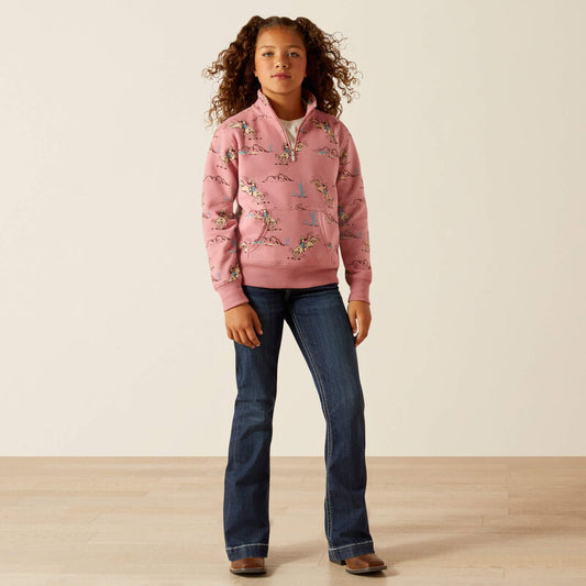 Ariat Girl's Bronc Scene 1/4 Zip Sweatshirt - Bronc Toile