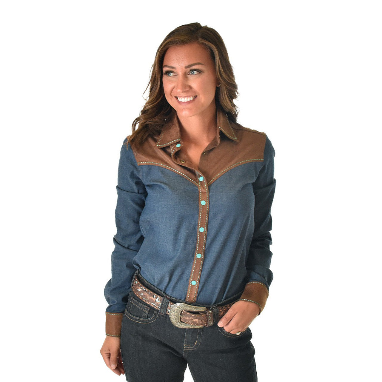 Cowgirl Tuff Women's Pullover Button Up Long Sleeve Top - Denim & Brown Faux Leather