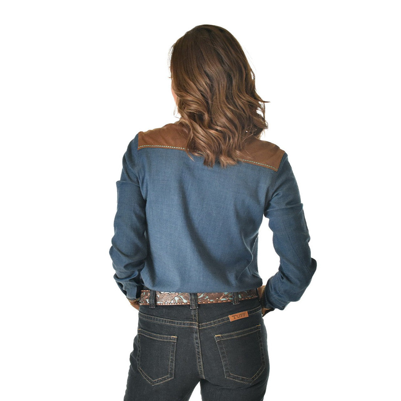 Cowgirl Tuff Women's Pullover Button Up Long Sleeve Top - Denim & Brown Faux Leather