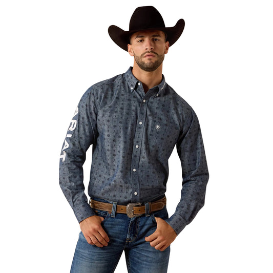 Ariat Men's Team Wael Fitted Long Sleeve Print Shirt - Blue Steerhead/White