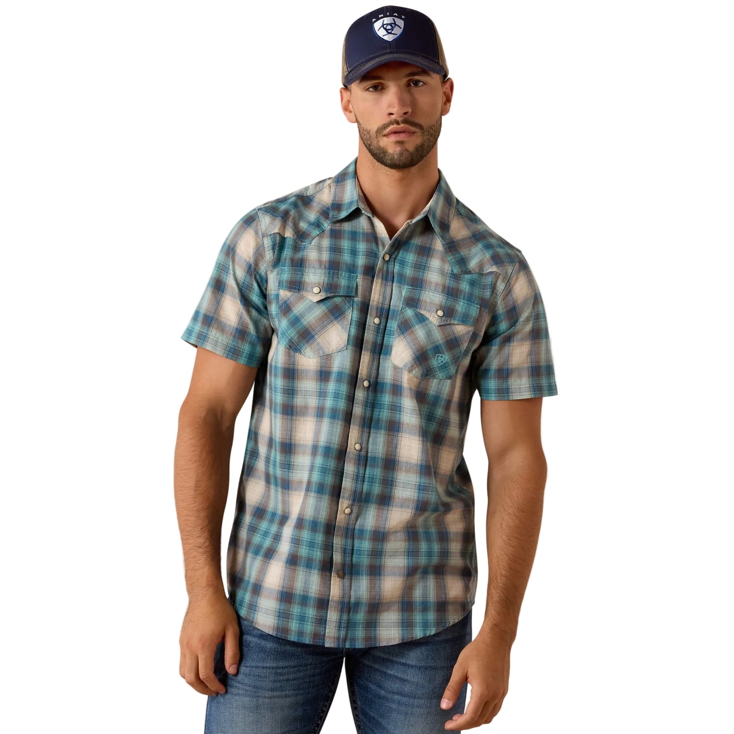 Ariat Men's Retro Halden Fitted Short Sleeve Snap Shirt - Teal Plaid