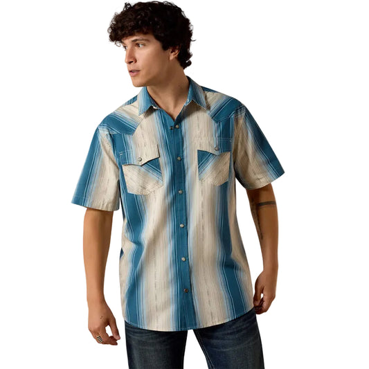 Ariat Men's Retro Hyland Short Sleeve Fitted Snap Shirt - Colonial Blue Stripe