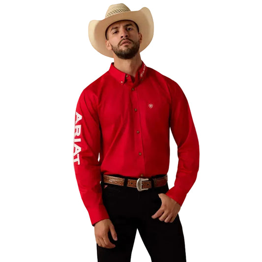 Ariat Men's Team Logo Lightweight Twill Fitted Long Sleeve Shirt - Tango Red/White