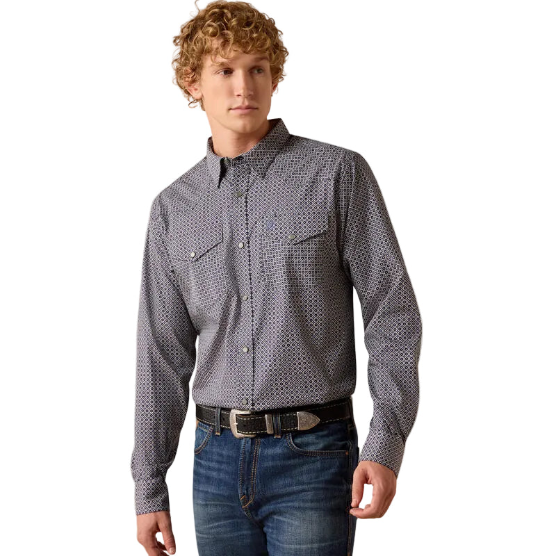 Ariat Men's Wrinkle Free Denis Fitted Long Sleeve Geo Print Snap Shirt - Navy