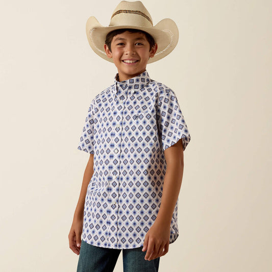 Ariat Boy's Southwest Print Baxter Short Sleeve Shirt - White