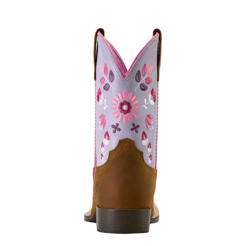 Ariat Youth Wild Bloom Wide Square Toe Western Boot - Distressed Brown/Mystic Lavender