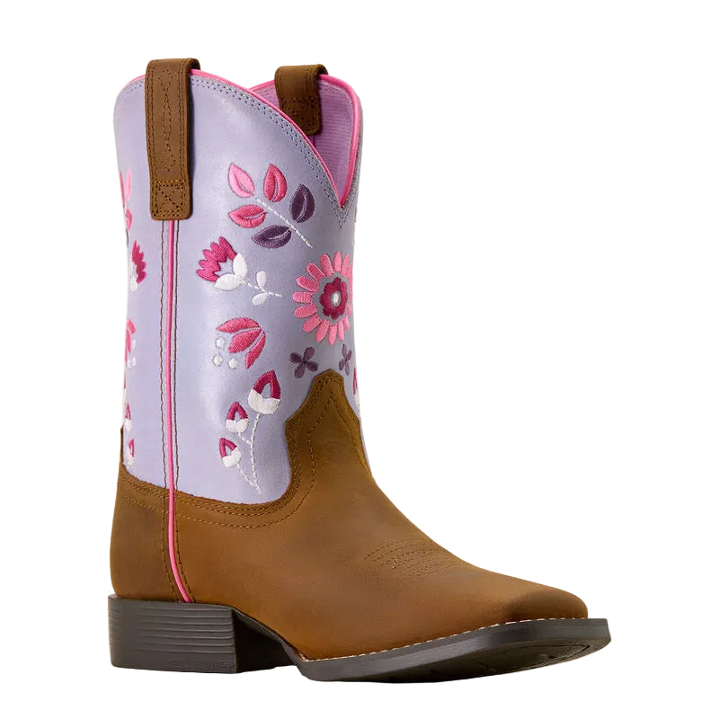 Ariat Youth Wild Bloom Wide Square Toe Western Boot - Distressed Brown/Mystic Lavender