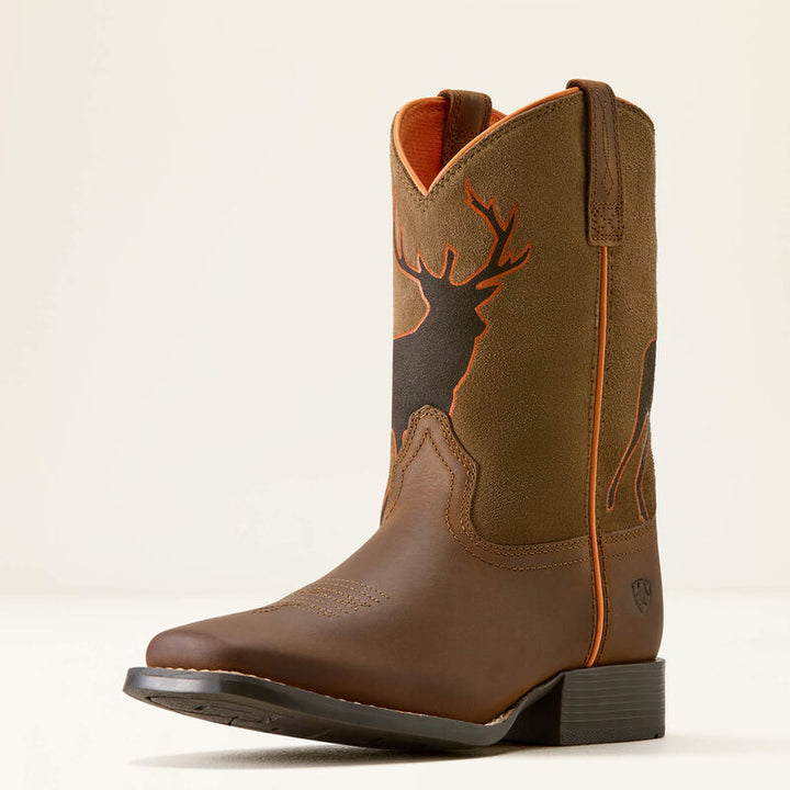 Ariat Youth Trail Cam Wide Square Toe Western Boot- Distressed Brown