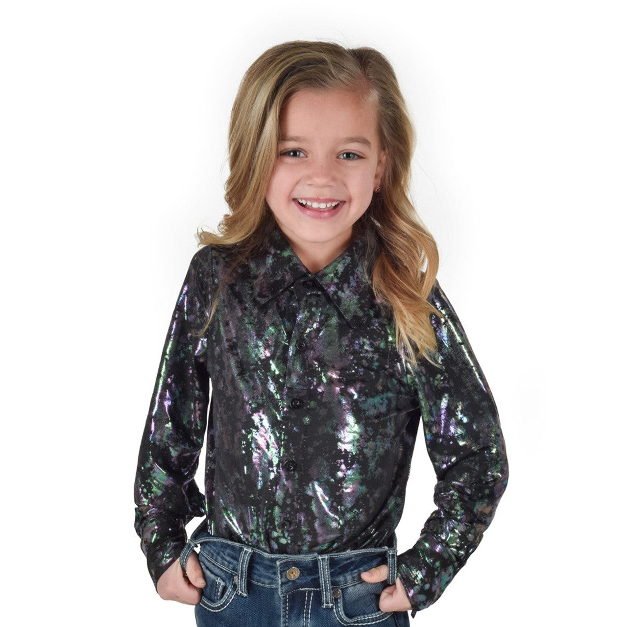 Cowgirl Tuff Girl's Pullover Button-Up Long Sleeve Shirt - Black With Splatter Print