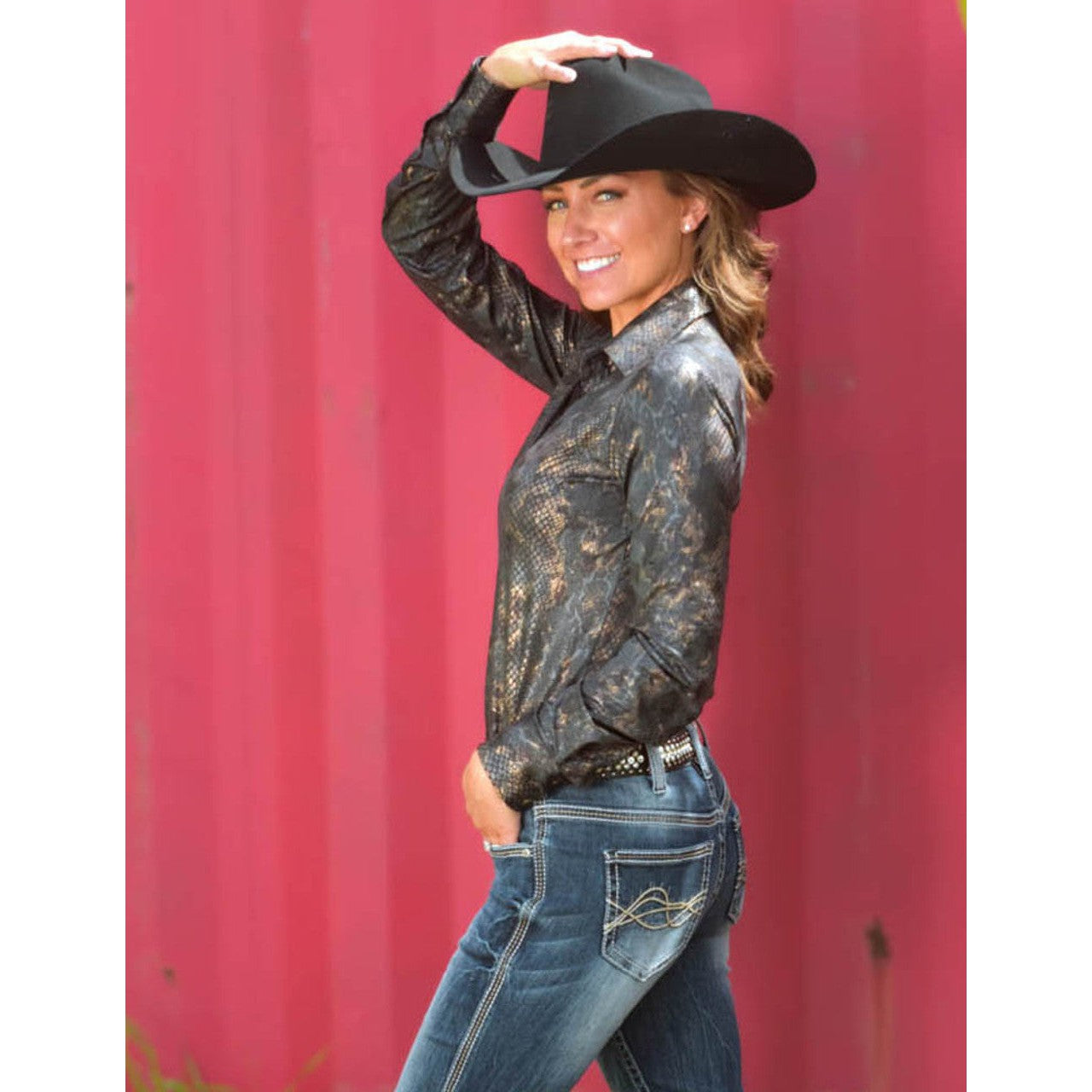 Cowgirl Tuff Women's Pullover Button-Up Long Sleeve Shirt - Black With Copper Snakeskin