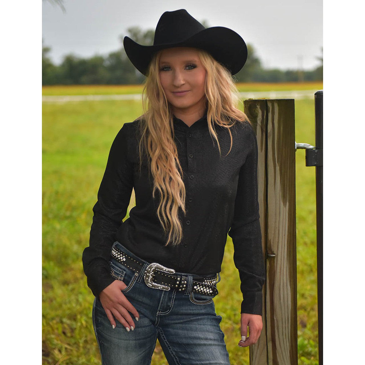 Cowgirl Tuff Women's Pullover Button-Up Long Sleeve Shirt - Black Shimmer