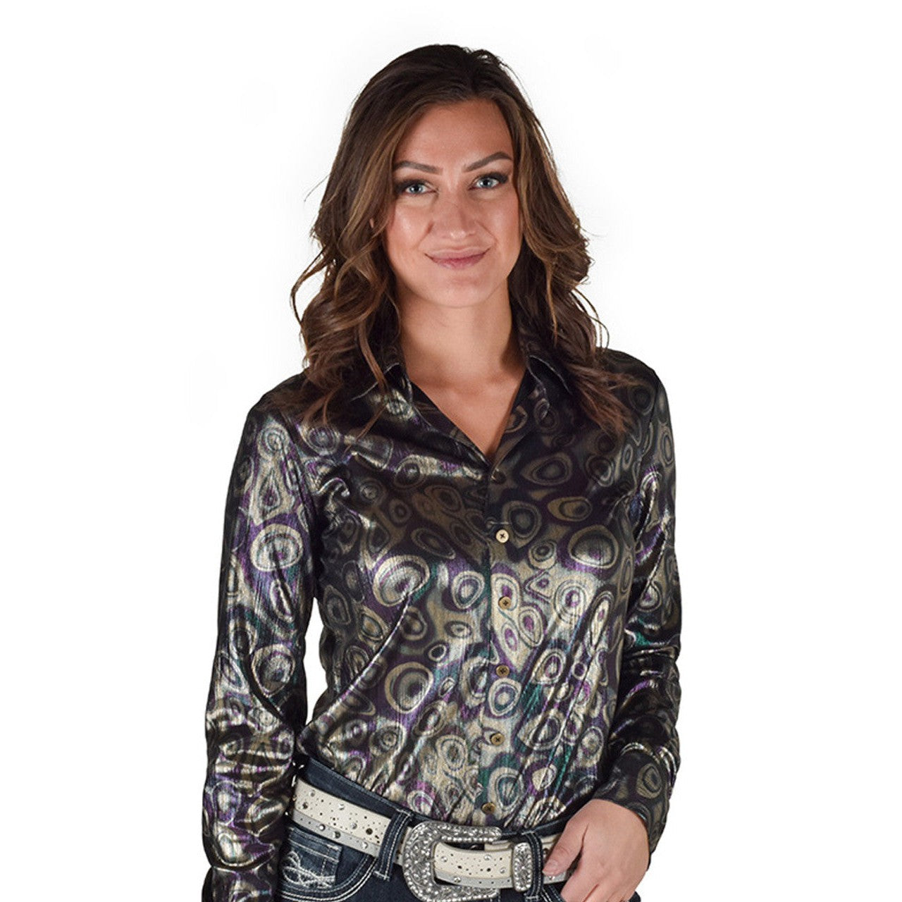 Cowgirl Tuff Women's Pullover Button-Up Long Sleeve Shirt - Dark Purple with Metallic Shimmer