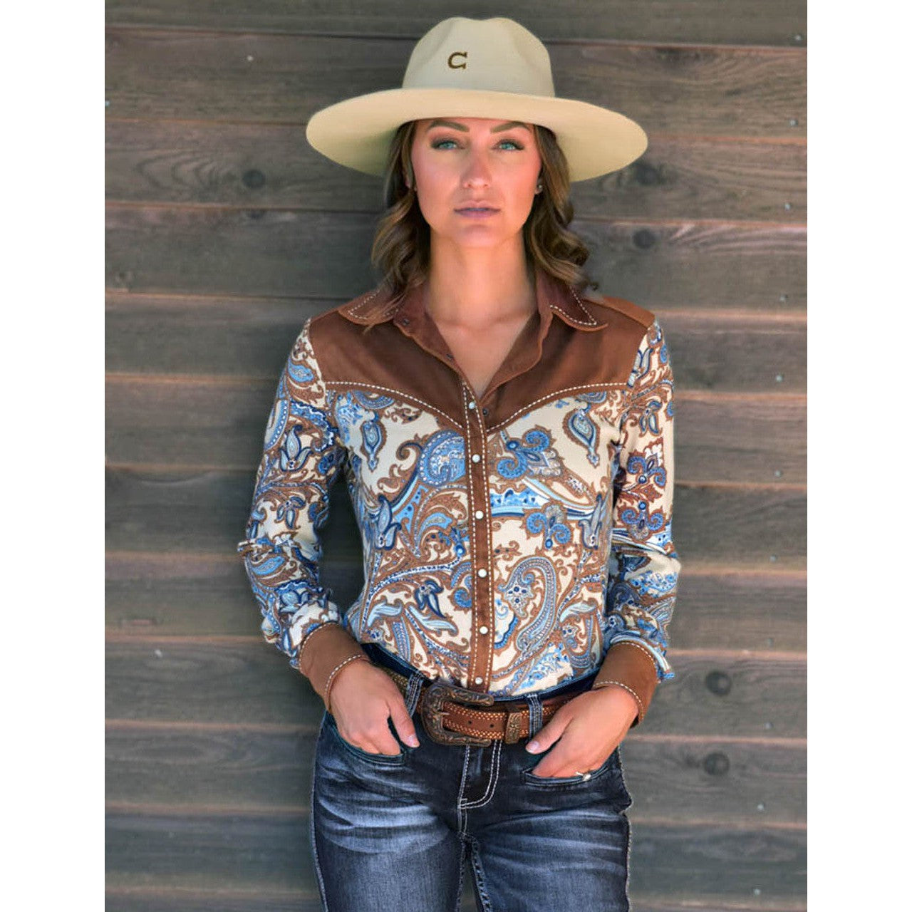 Cowgirl Tuff Women's Pullover Button-Up Long Sleeve Shirt - Paisley with Brown Faux Leather