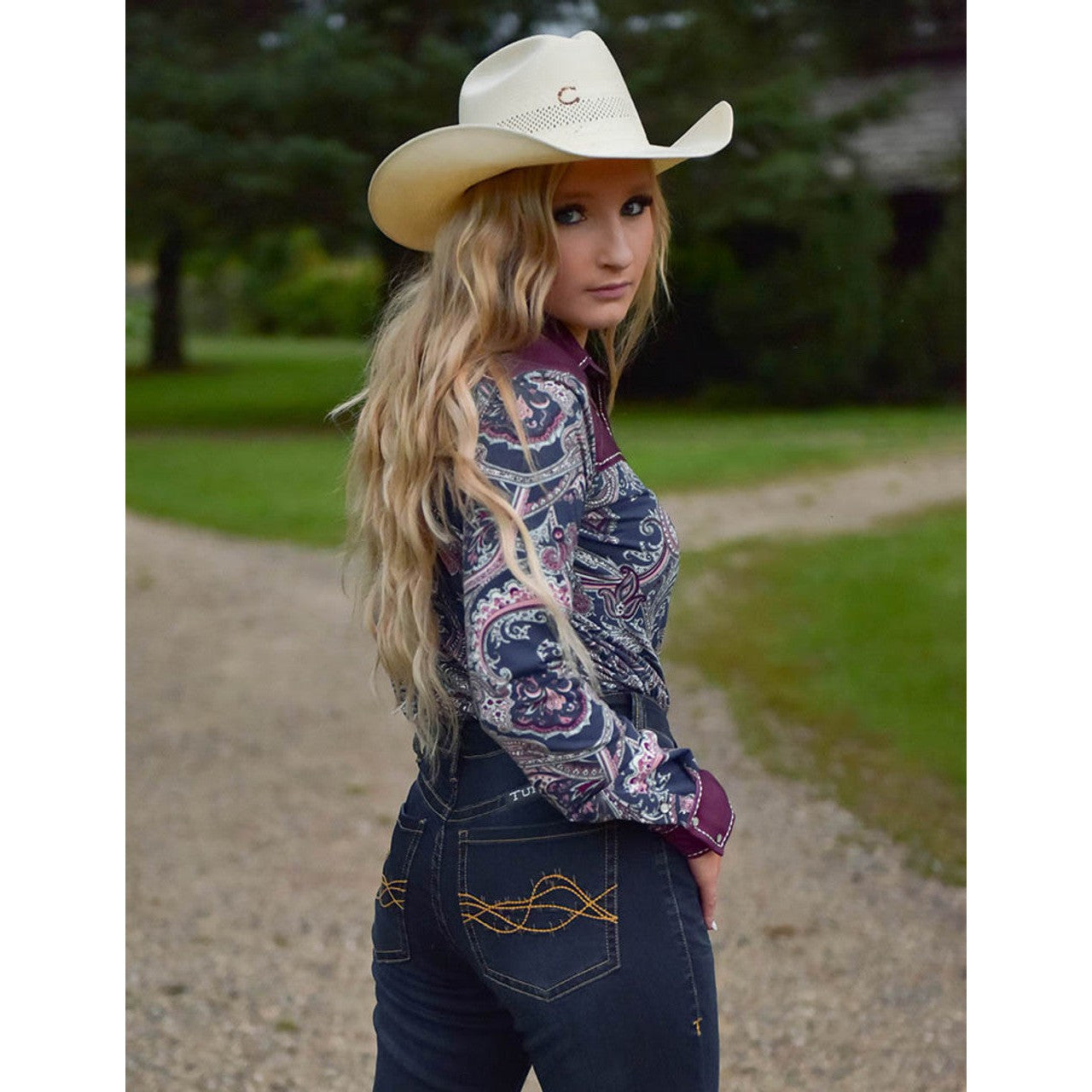 Cowgirl Tuff Women's Pullover Button-Up Long Sleeve Shirt - Paisley & Burgundy