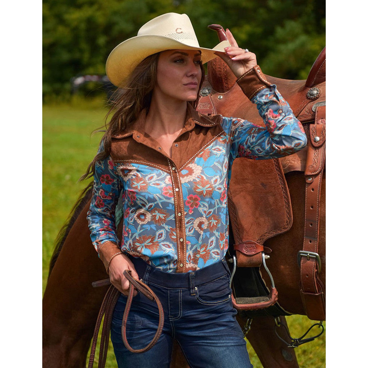 Cowgirl Tuff Women's Pullover Button-Up Long Sleeve Shirt - Floral & Brown Suede