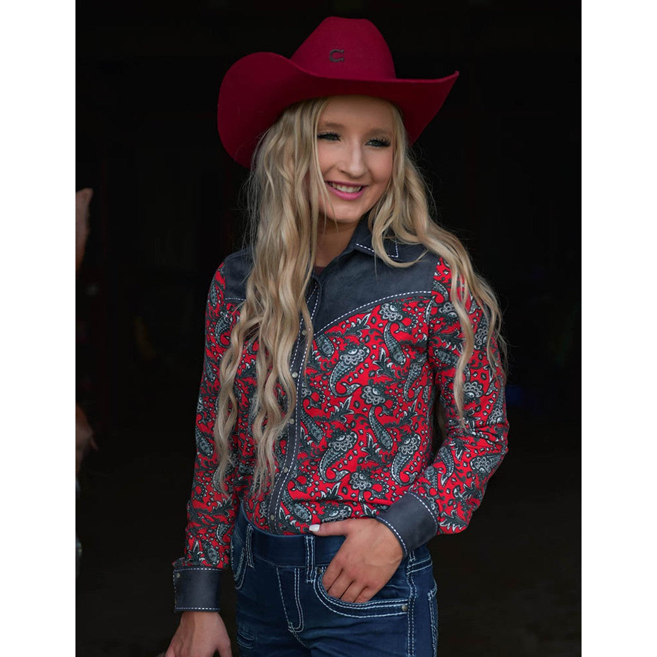 Cowgirl Tuff Women's Pullover Button-Up Long Sleeve Shirt - Red Paisley & Grey Suede