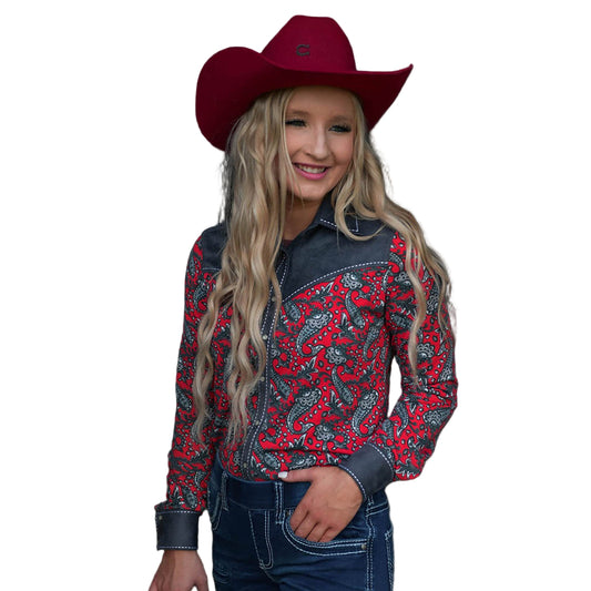 Cowgirl Tuff Women's Pullover Button-Up Long Sleeve Shirt - Red Paisley & Grey Suede