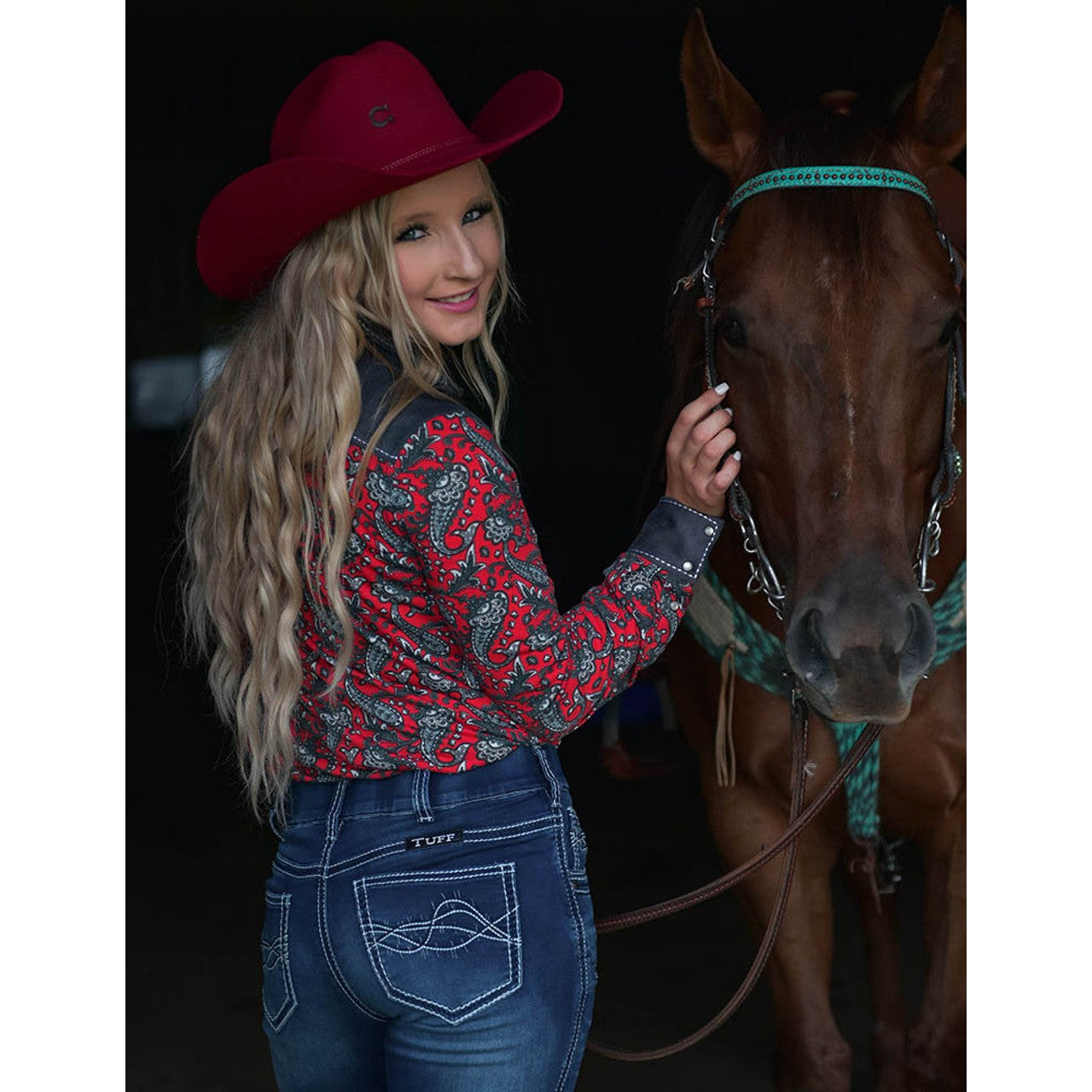 Cowgirl Tuff Women's Pullover Button-Up Long Sleeve Shirt - Red Paisley & Grey Suede