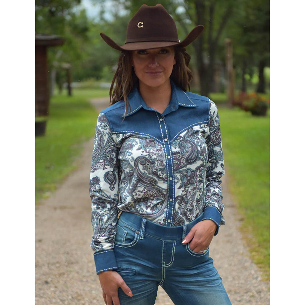 Cowgirl Tuff Women's Pullover Button-Up Long Sleeve Shirt - Blue Paisley Denim