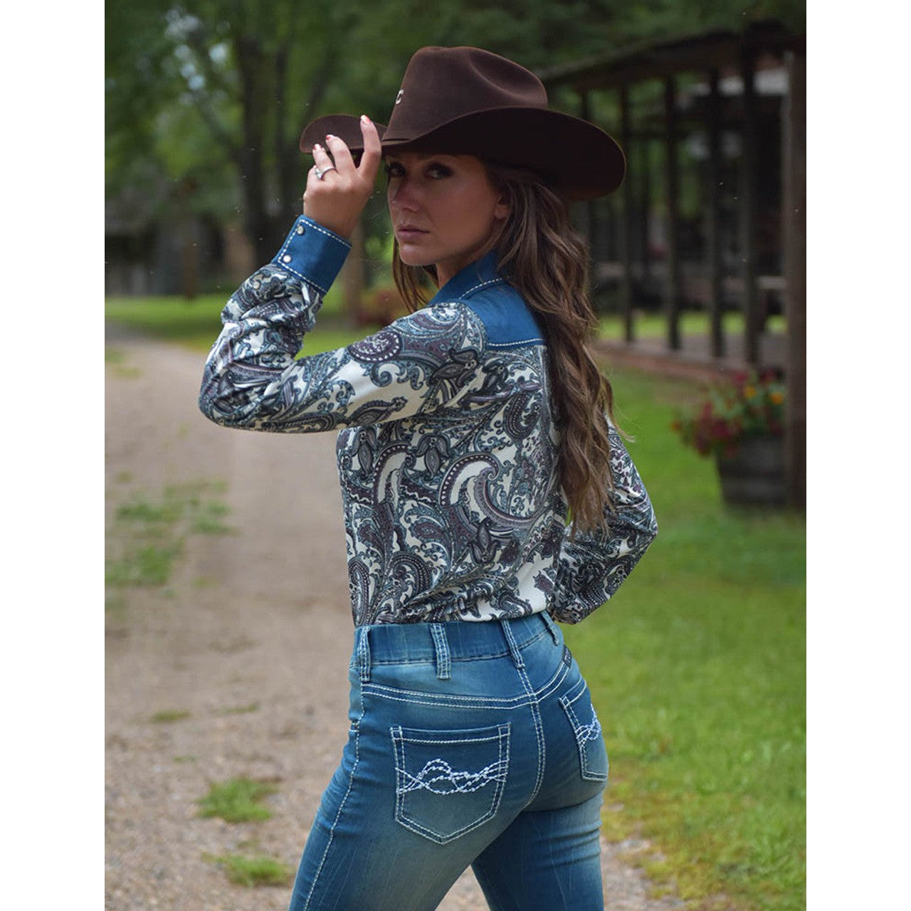 Cowgirl Tuff Women's Pullover Button-Up Long Sleeve Shirt - Blue Paisley Denim