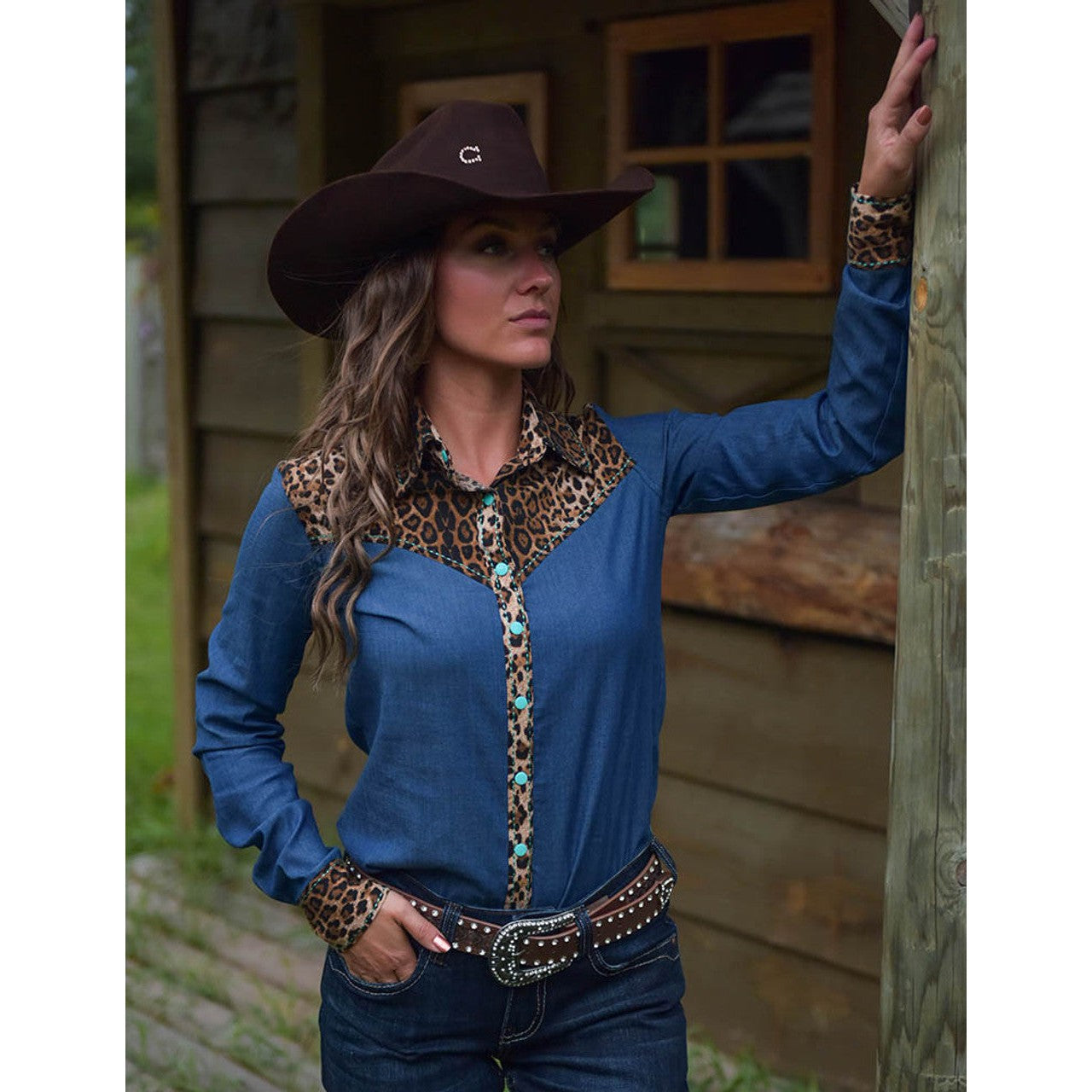 Cowgirl Tuff Women's Pullover Button-Up Long Sleeve Shirt - Denim with Leopard