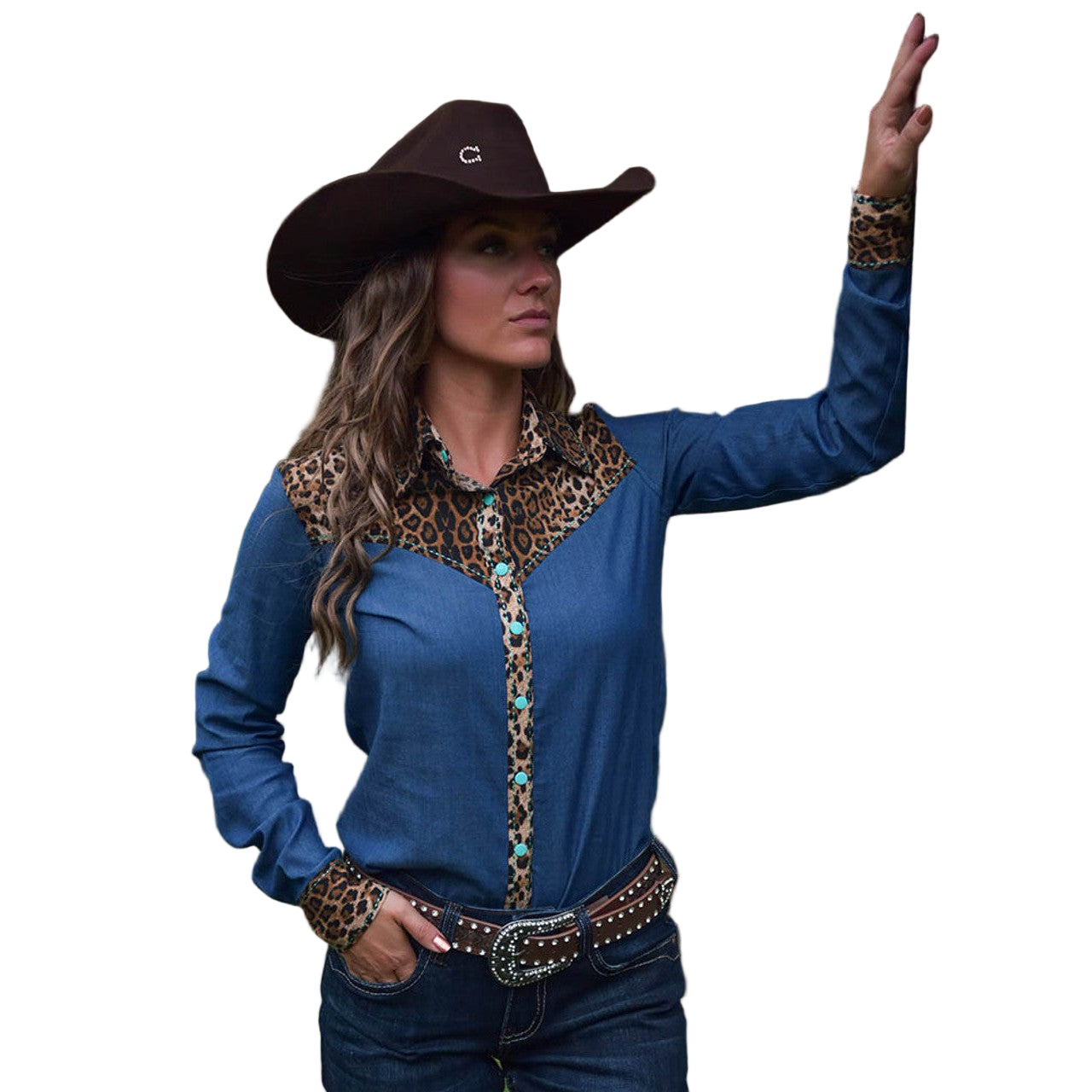 Cowgirl Tuff Women's Pullover Button-Up Long Sleeve Shirt - Denim with Leopard
