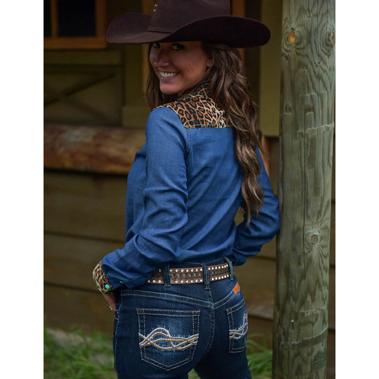 Cowgirl Tuff Women's Pullover Button-Up Long Sleeve Shirt - Denim with Leopard