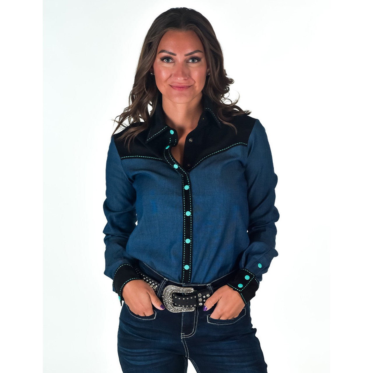 Cowgirl Tuff Women's Pullover Button-Up Long Sleeve Shirt - Denim & Black Suede