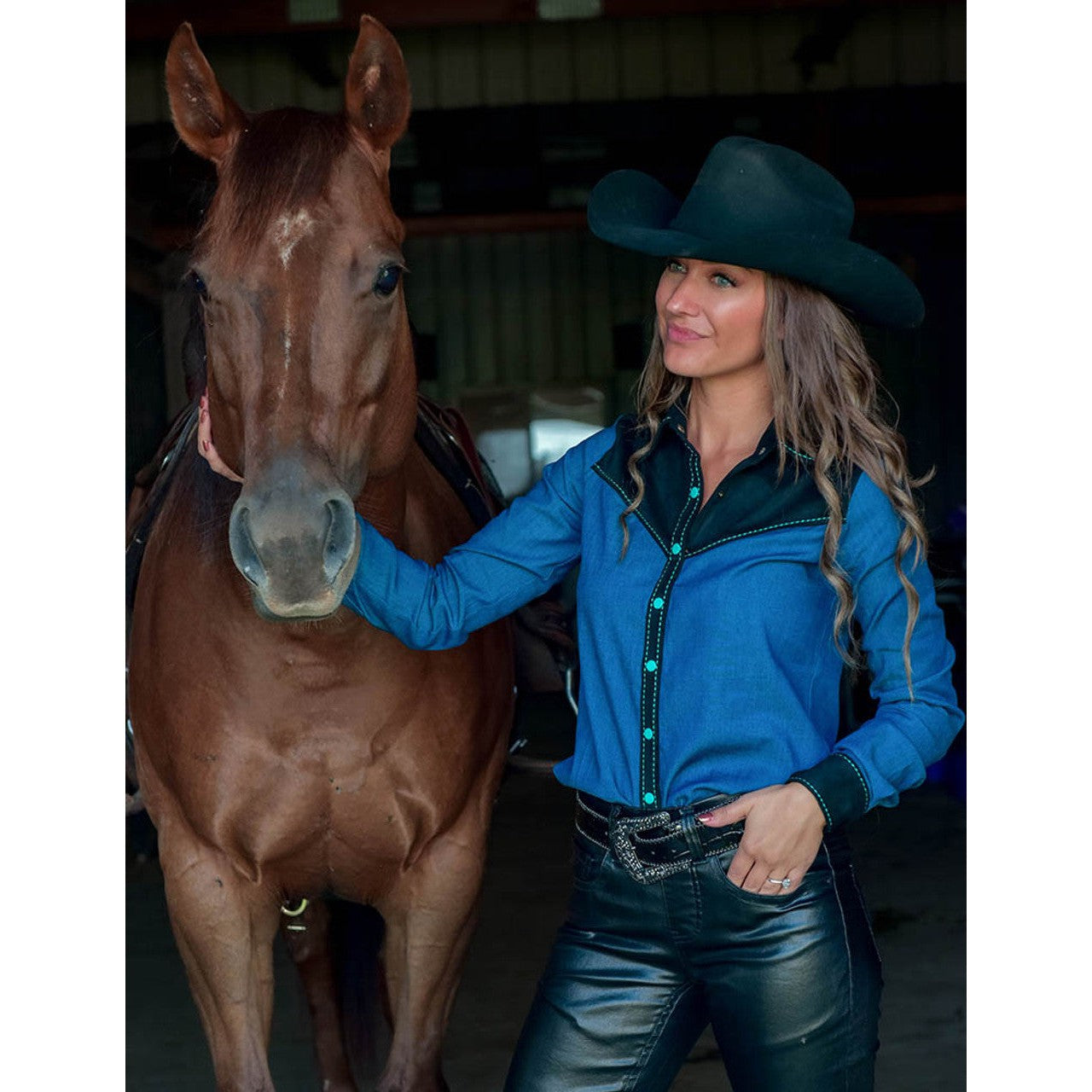 Cowgirl Tuff Women's Pullover Button-Up Long Sleeve Shirt - Denim & Black Suede