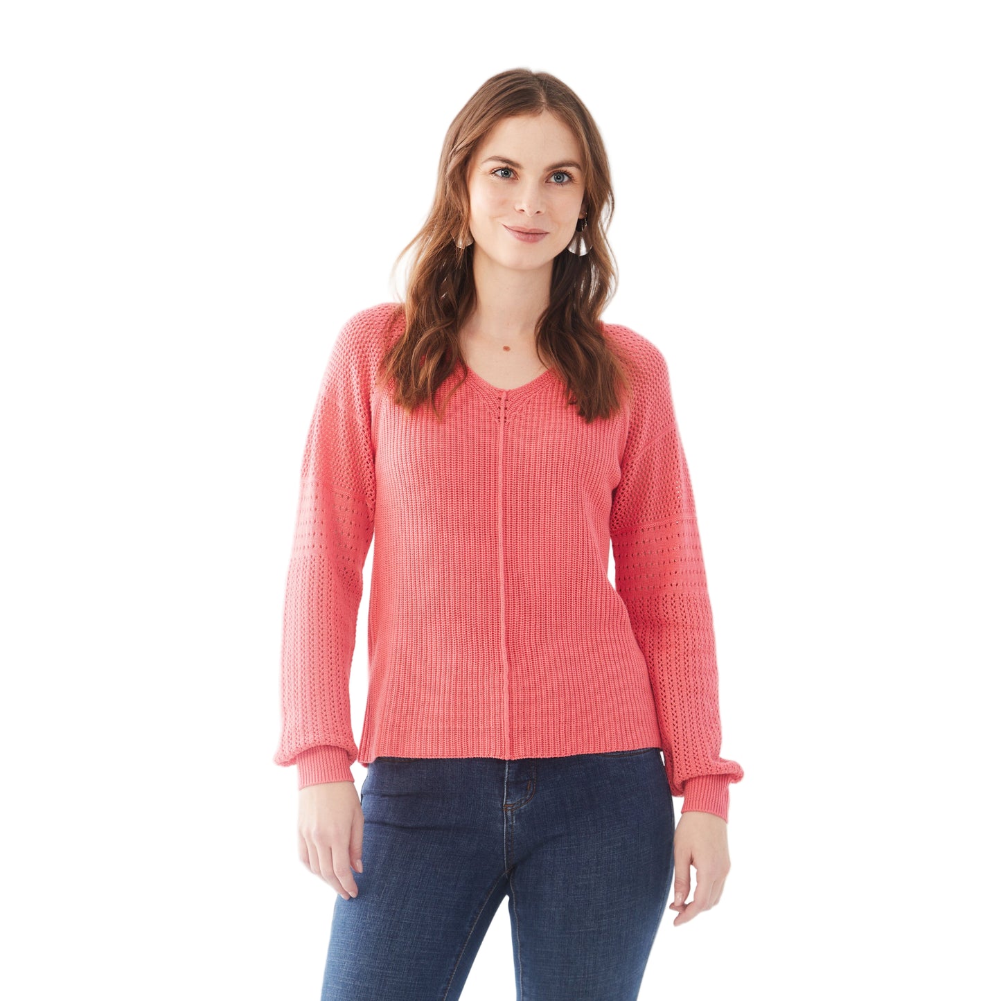 FDJ Women's Long Pointelle Sleeve V-Neck Sweater - Assorted Colours