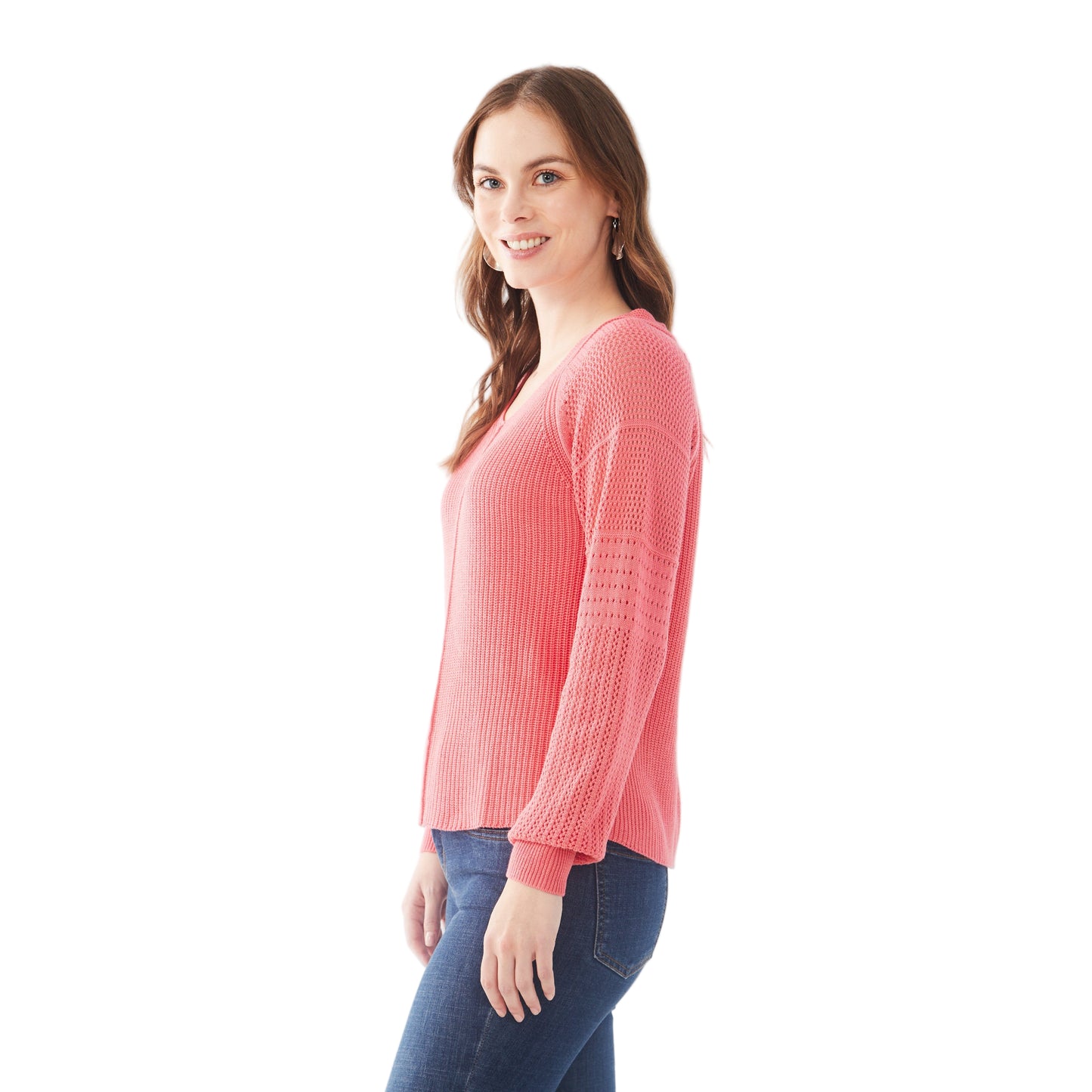 FDJ Women's Long Pointelle Sleeve V-Neck Sweater - Assorted Colours